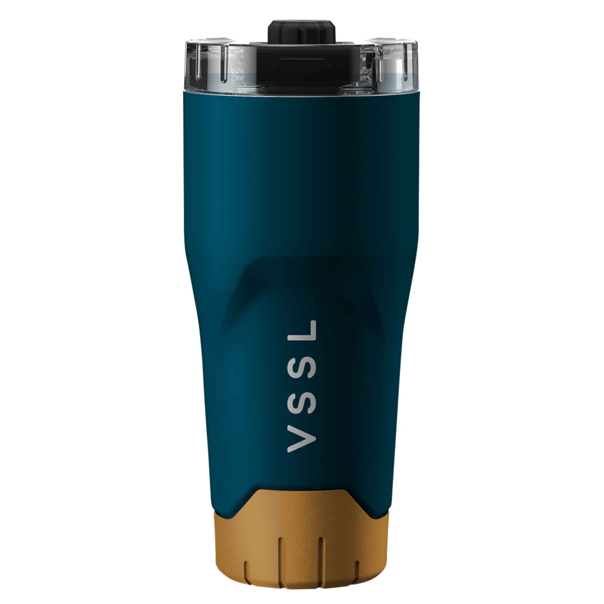 Blue and brown tumbler with 'VSSL' branding on a white background
