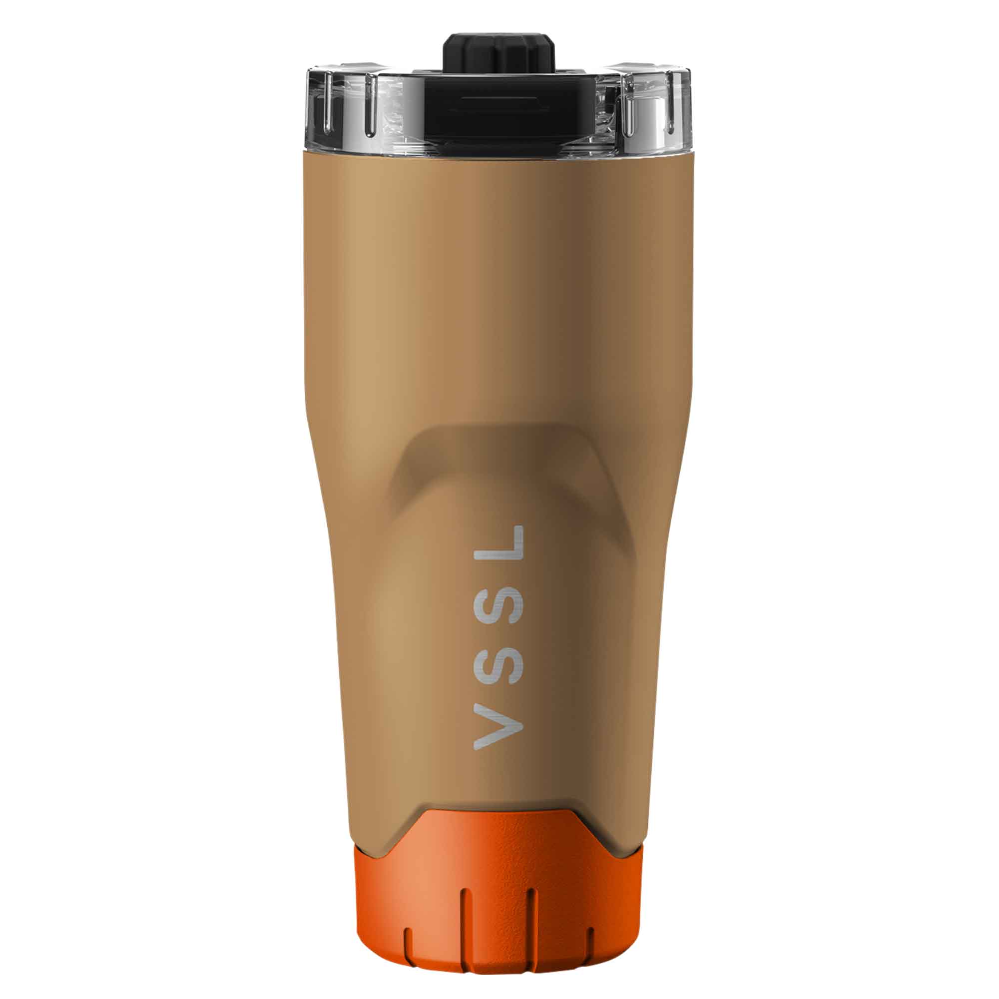 Brown tumbler with orange base and 'VSSL' branding on a white background