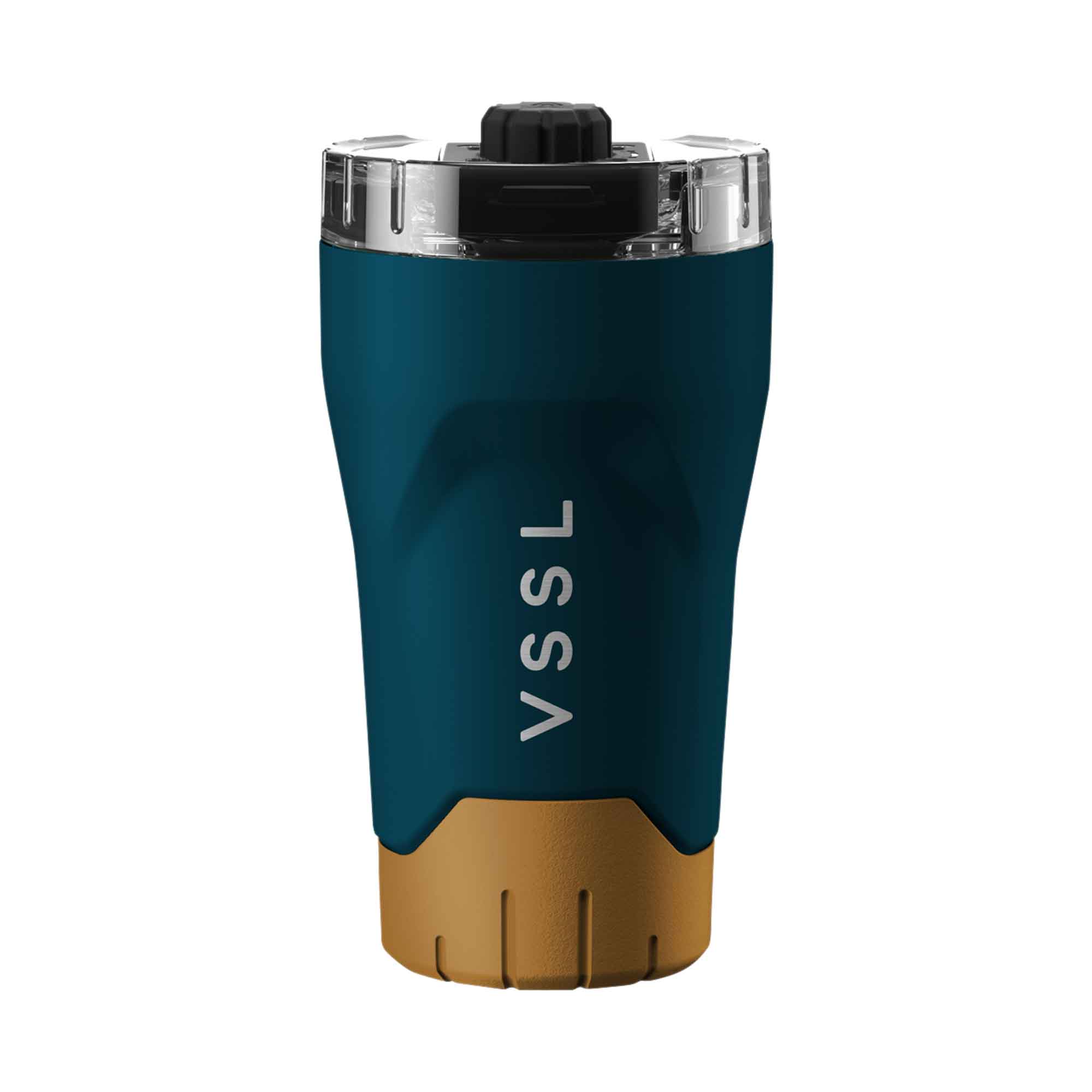 Blue and brown tumbler with 'VSSL' branding on a white background