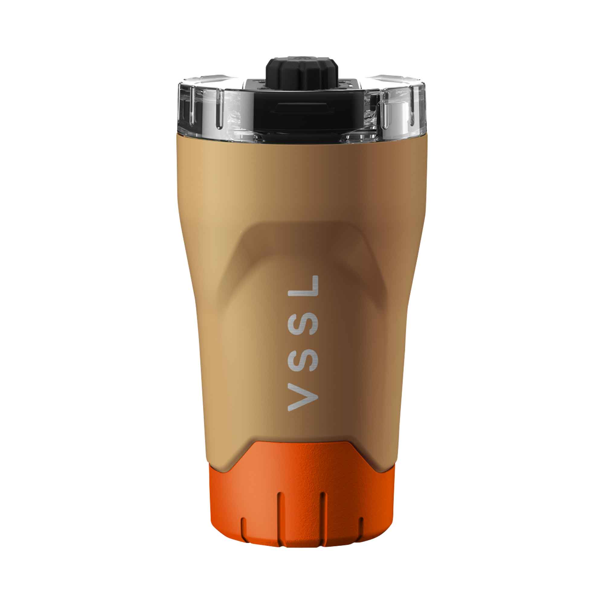 Beige and orange tumbler with 'VSSL' branding on a white background