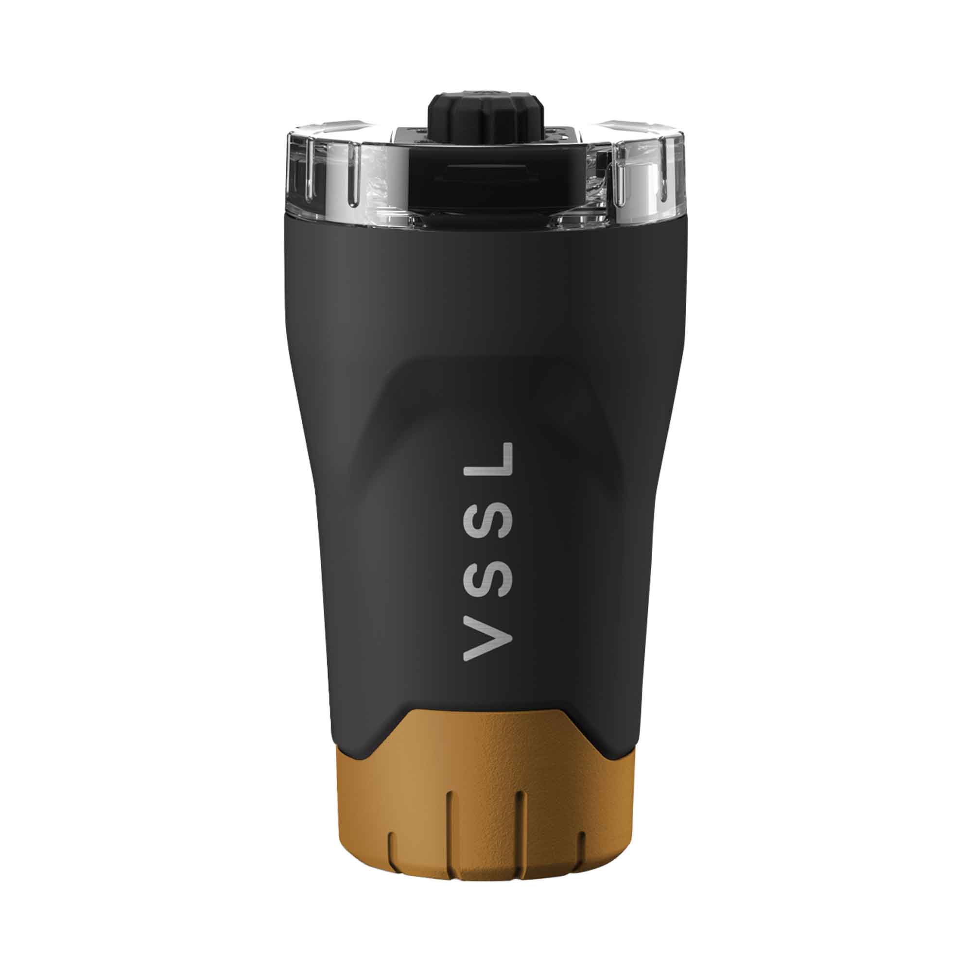 Black and brown tumbler with 'VSSL' branding on a white background