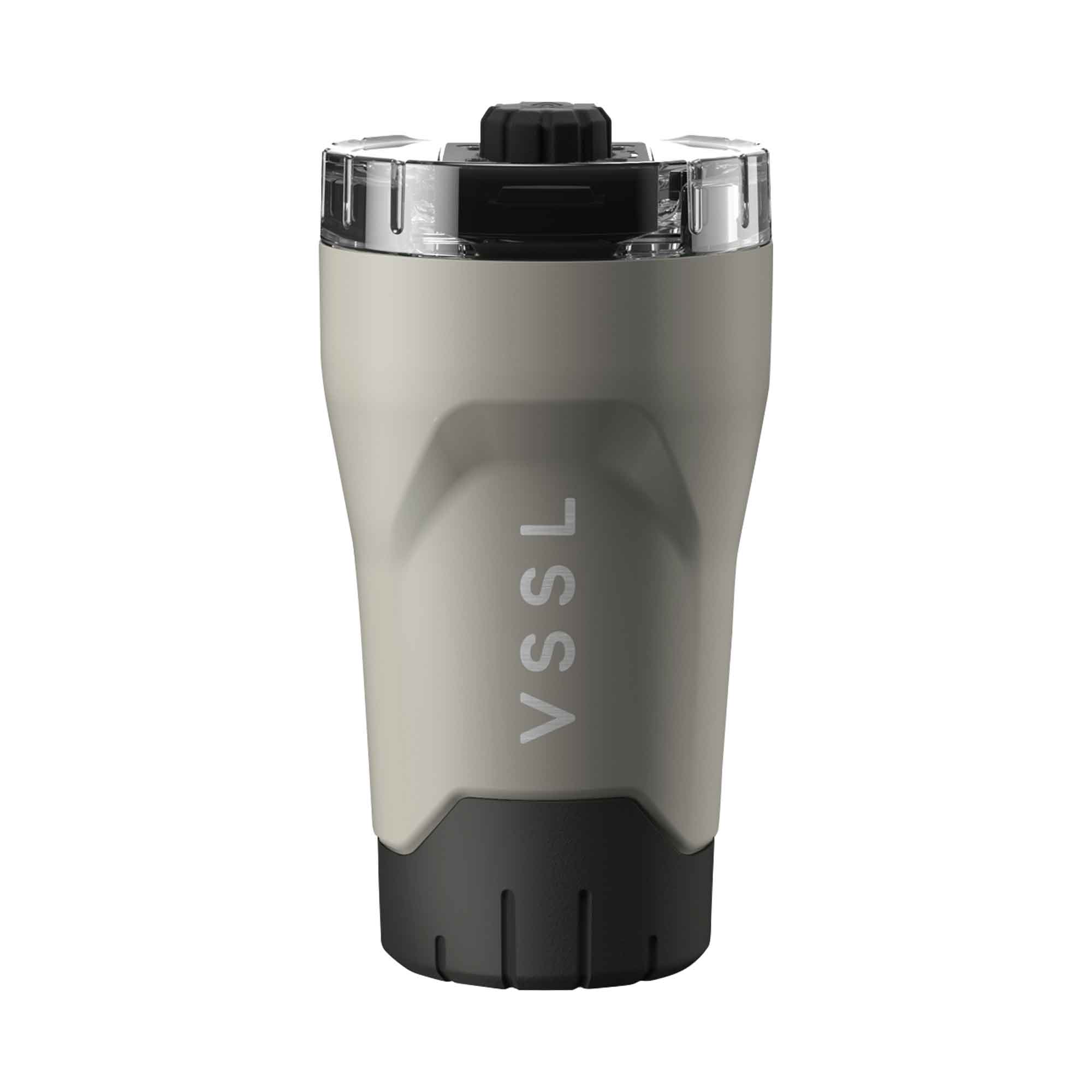Gray tumbler with black base and lid on a white background