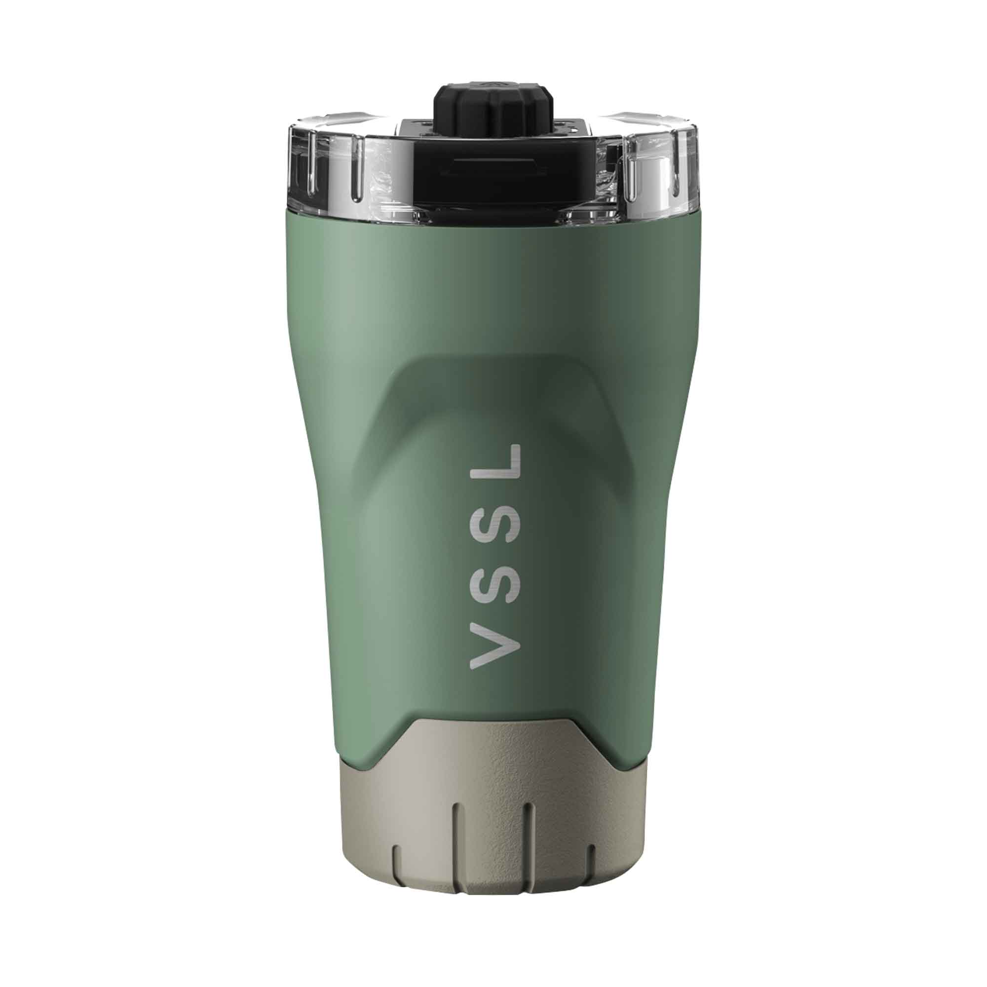 Green tumbler with 'VSSL' branding on a white background