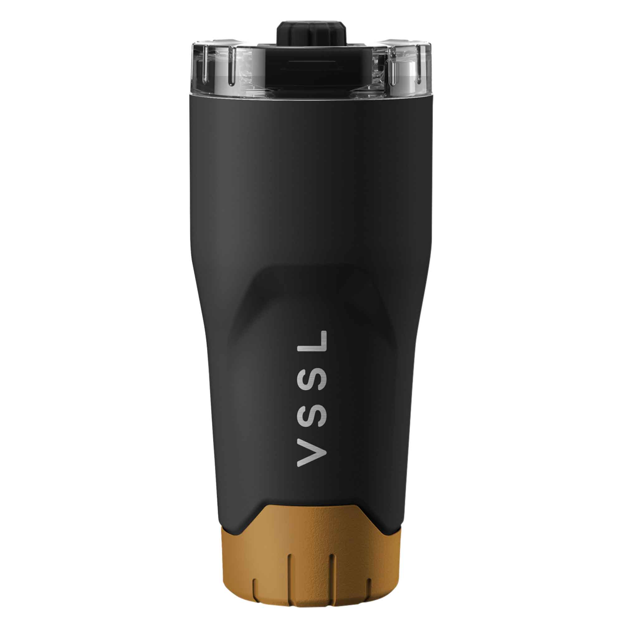 Black and brown tumbler with 'VSSL' branding on a white background