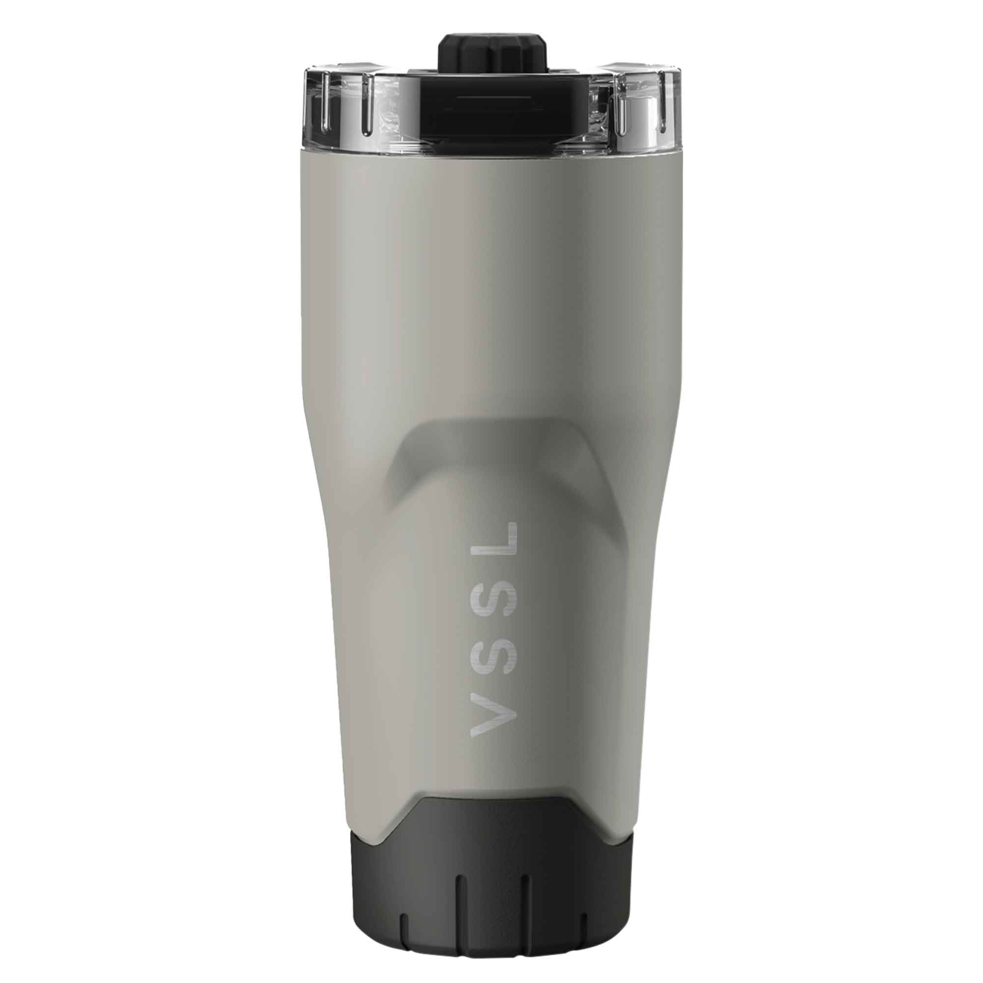 Gray tumbler with black base and lid on a white background