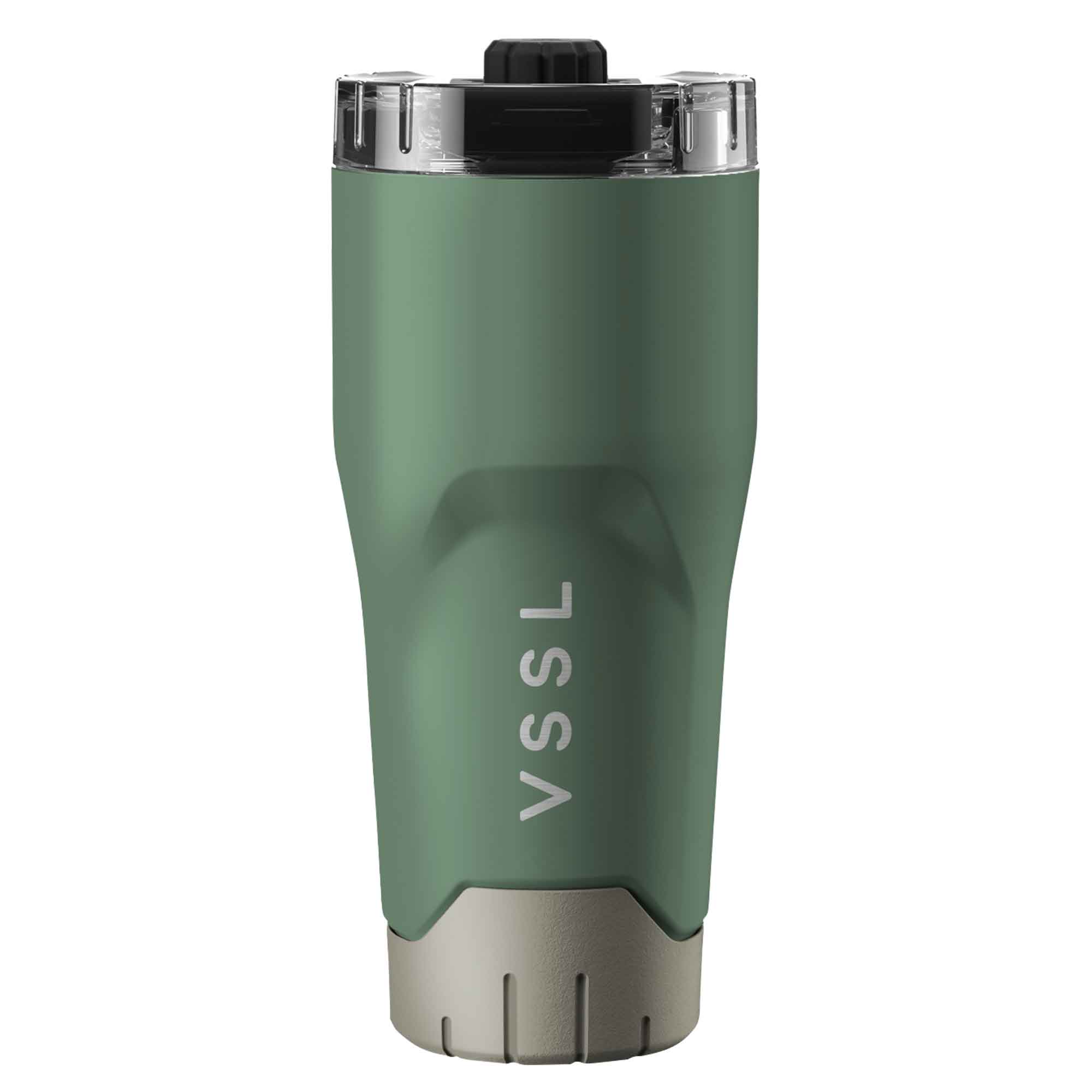 Green tumbler with 'VSSL' branding on a white background